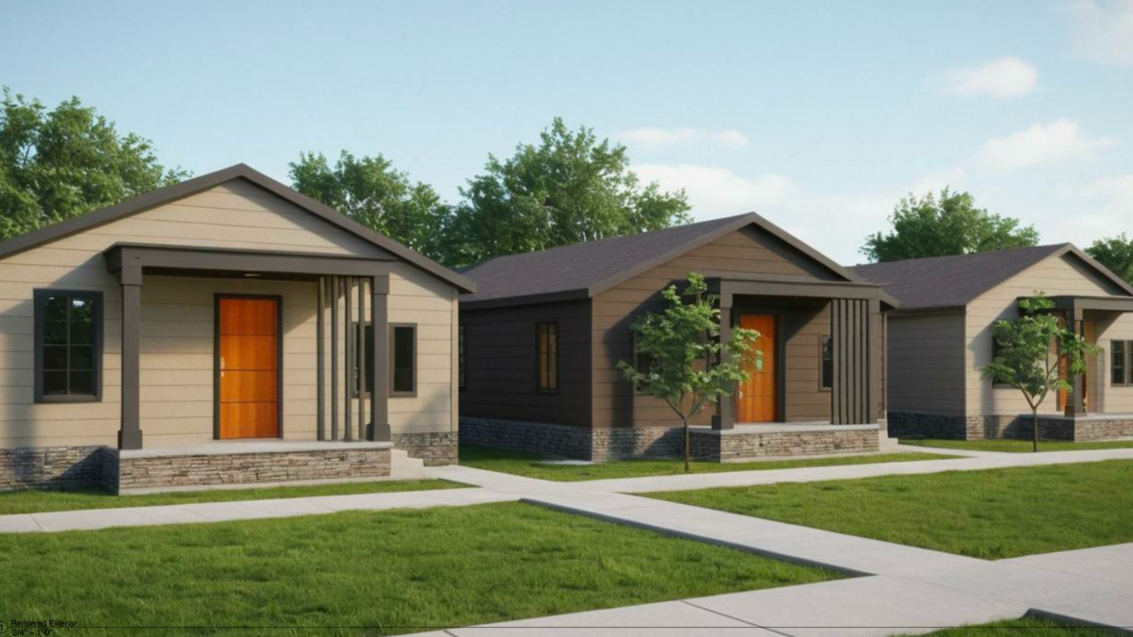 EP at Jackson State — rendering of three Prose Avenue homes with covered front porches