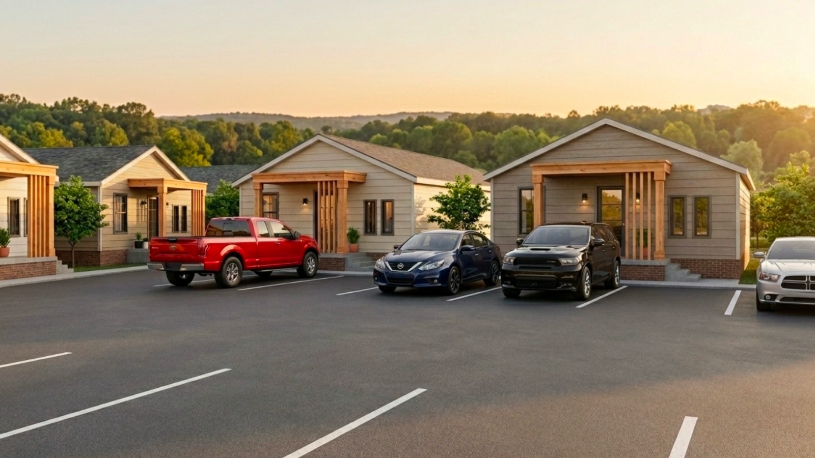 EP at Jackson State — rendering of the Prose Avenue homes at dusk, seen across resident parking